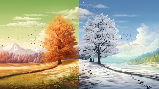 Foto paesaggio di due stagioni inverno ed estate