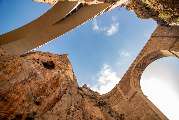 Paesaggio di due ponti in pietra e cemento che si affacciano sul cielo, con le nuvole.