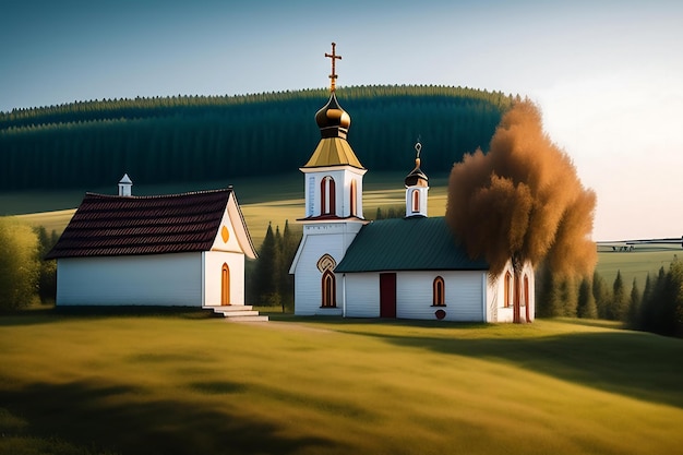 Landscape typical small orthodox church in Russian village