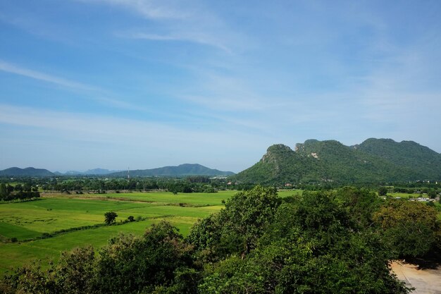 Landscape valley of mountain and greenery paddy rice field in Thailand