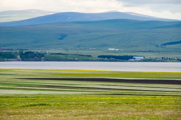 Landscape of valley and reservoir in Georgia, daytime and outdoor