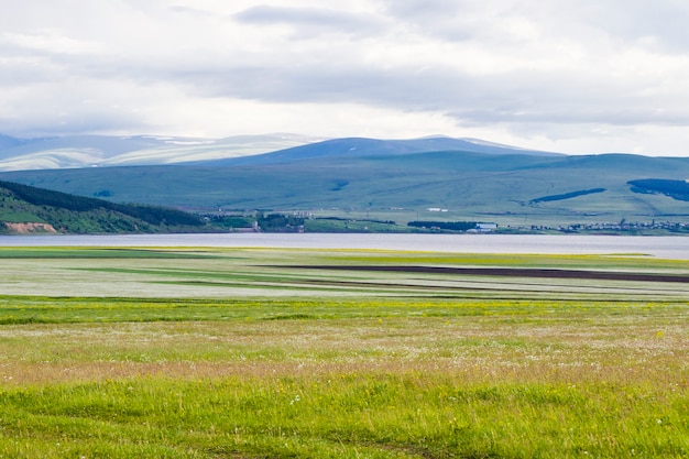 Landscape of valley and reservoir in Georgia, daytime and outdoor