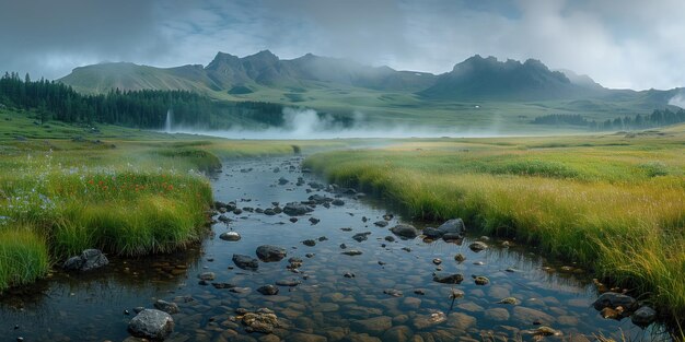 landscape of valley in volcanic region with geysers and thermal springs