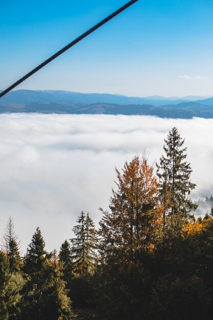 Vista del paesaggio delle montagne carpatiche autunnali sopra le nuvole