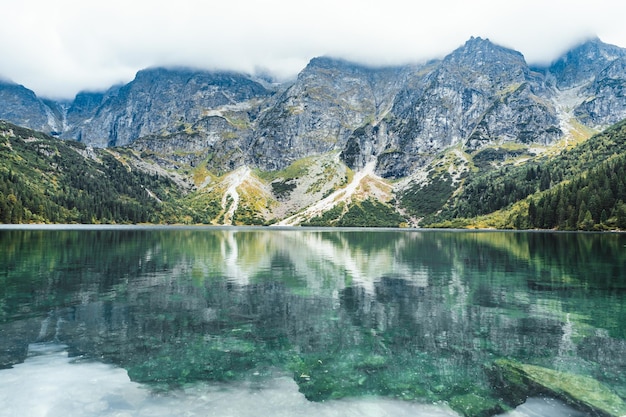 Landscape view of autumn lake in mountains tatra national park