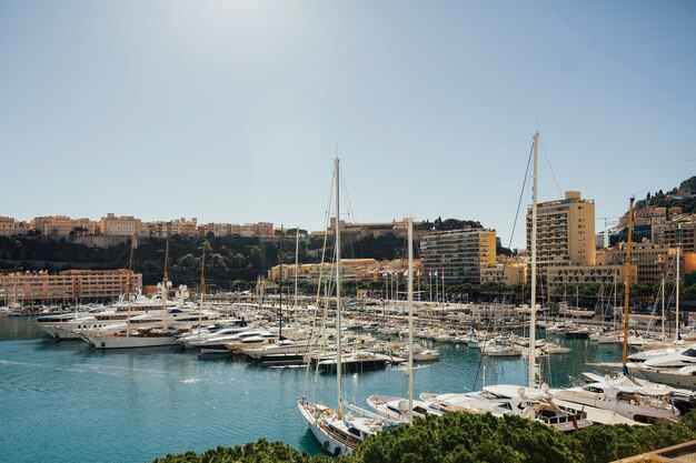 Landscape view on the bay with luxury yachts on the french riviera in Monte Carlo in Monaco.