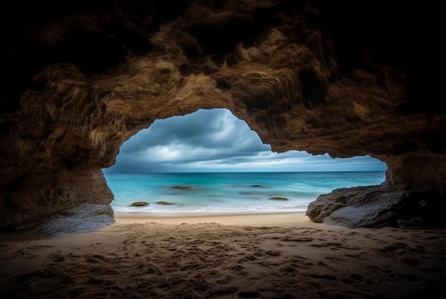 Photo landscape view of the beauty of the beach from inside the cave generative ai