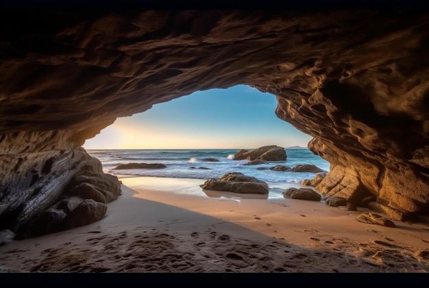 Landscape view of the beauty of the beach from inside the cave generative ai