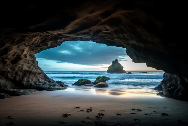 Foto vista panoramica della bellezza della spiaggia dall'interno della grotta generativa ai