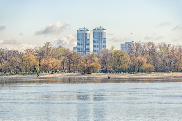 Landscape view of city with houses in Kyiv, Ukraine.