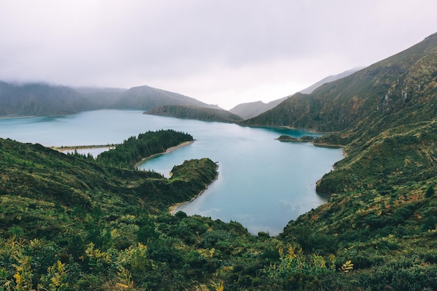 Landscape view over the Fire Lake Lagoa do Fogo in Sao Miguel Island Acores Azores Portugal