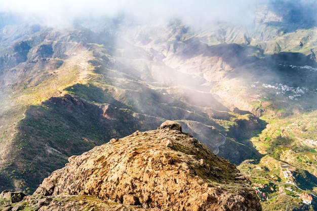 Landscape view from above of mountain range, valley and road at Canary Island