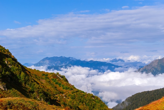 Пейзаж - вид с вершины горы в солнечный день на долину, скрытую низкими облаками.