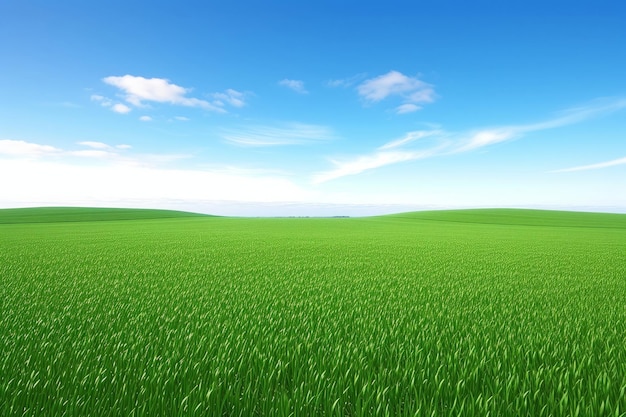 Photo landscape view of green grass on slope with blue sky and clouds background