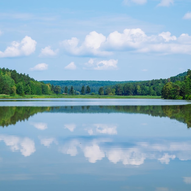 Landscape view of lake in sunny summer day sky reflection in water