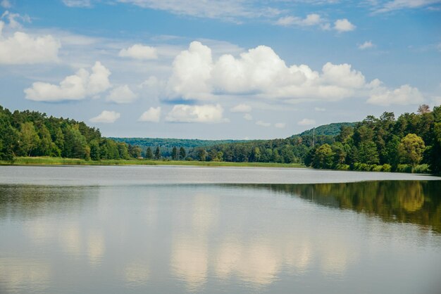 Landscape view of lake in sunny summer day sky reflection in water