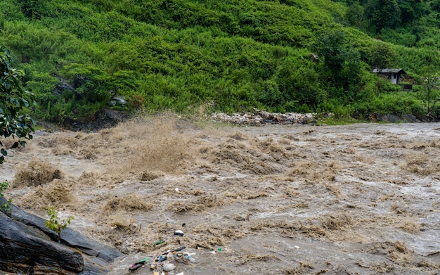 Landscape view of monsoon flooding Bagmati river in Kathmandu Nepal