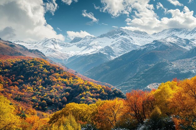 Landscape view of mountains covered in snow and autumn trees