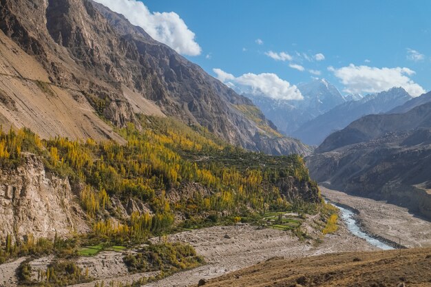 Landscape view of mountains and Hunza river in autumn. View from Karakoram highway, Gilgit Baltistan. 