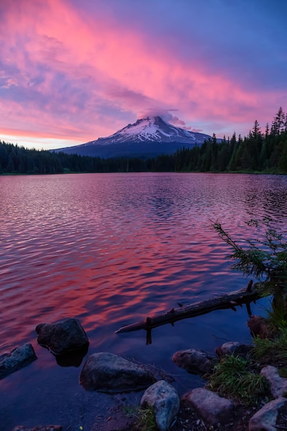 Landscape View of Mt Hood during a dramatic cloudy sunset