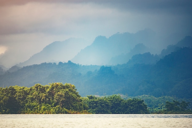 Landscape view of nature, mountain forest with lake, Thailand