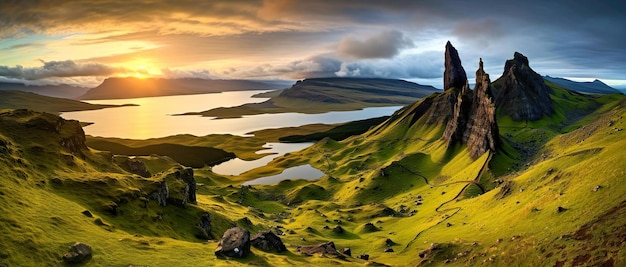 Landscape view of ocean and sunset and hill