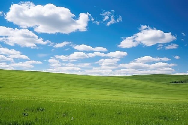 写真 緑の草原の青い空と雲の風景ビュー完璧な自然の背景晴れた夏の日