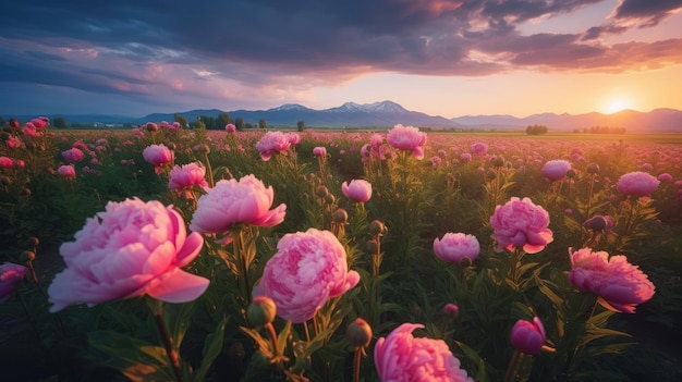 写真 ピオニー畑の夕暮れの風景