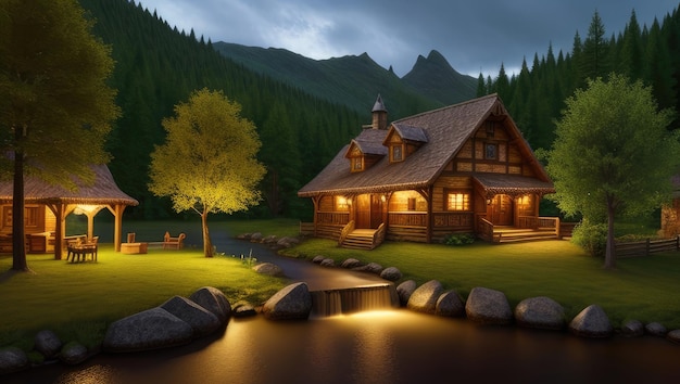 Landscape view of the old house with glowing windows and gazebo at night on the riverbank river with