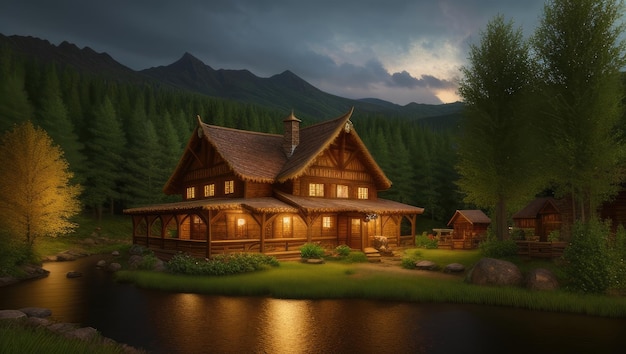 Landscape view of the old house with glowing windows at night on the riverbank river with