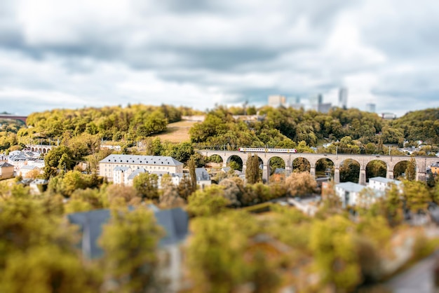 Landscape view on the old railway bridge and modern business district in luxembourg city