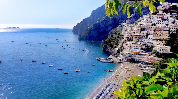 Landscape view of the sea and the mountains in Positano in a summer sunny day