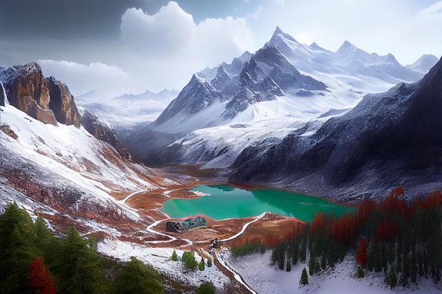 Landscape view of snowcapped mountains and lake Generative AI