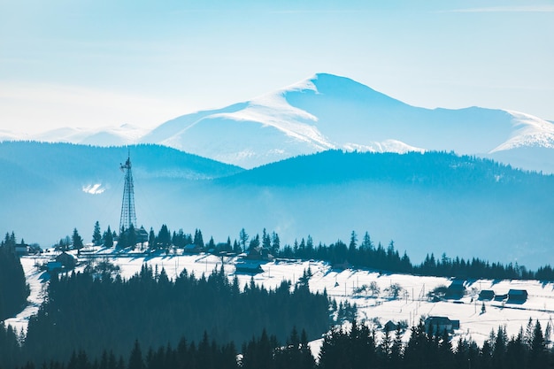 Landscape view of snowed winter mountains