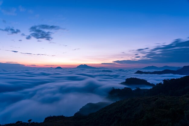 Landscape view of Sunrise over the foggy weather in Manungkot hill Nepal