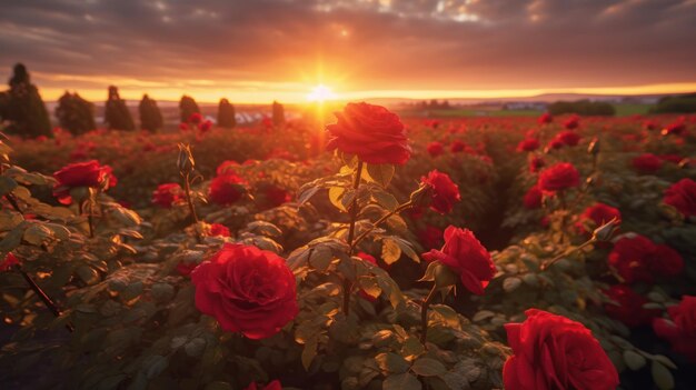 Photo landscape view of sunset in a rose field