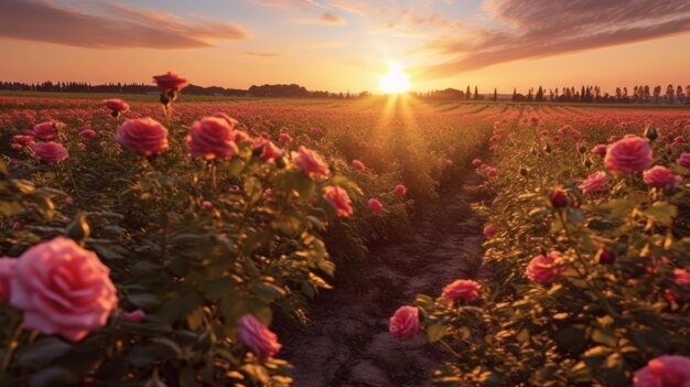 Foto vista paesaggistica del tramonto in un campo di rose
