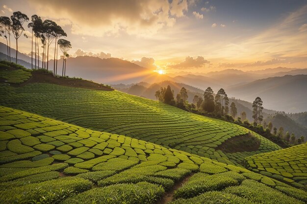 インドのムンナールケララ州の夕暮れ時の茶畑の風景を見る