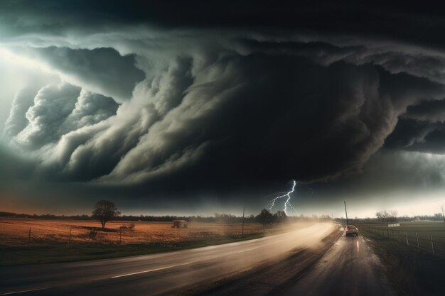 Foto vista del paesaggio sulla tempesta di tornado che distrugge il paesaggio del pianeta generative ai