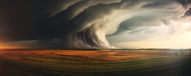 Foto vista del paesaggio sulla tempesta di tornado che distrugge il pianeta striscia panoramica generative ai