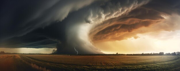 Vista del paesaggio sulla tempesta di tornado che distrugge il pianeta striscia panoramica generative ai