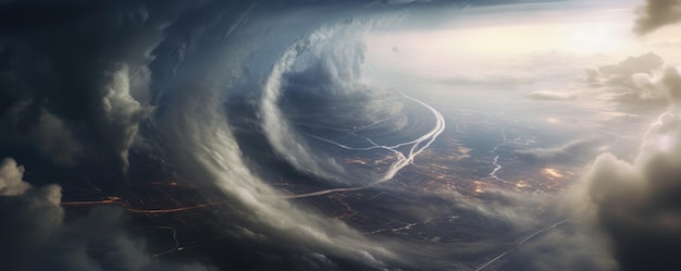 Foto vista del paesaggio sulla tempesta di tornado che distrugge il pianeta striscia panoramica generative ai