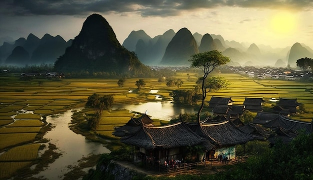 A landscape of a village in china