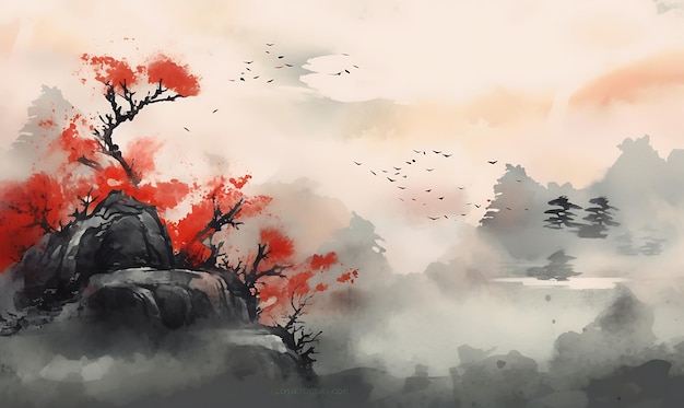 ミニマリストの土地のスタイルで中国の花の風景の壁紙 平和的な印象的な自然