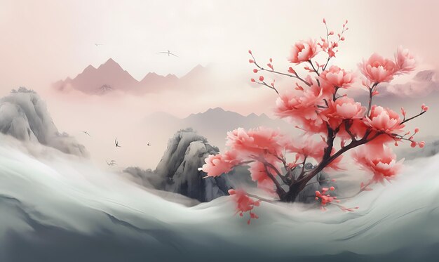 Landscape Wallpaper of Chinese Flower in the Style of Minimalist Lands Peaceful impressive nature