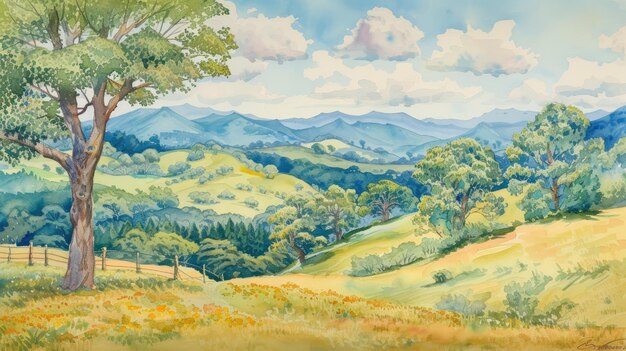 Photo landscape watercolor of peaceful hills and trees