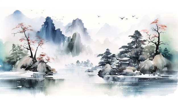 Landscape Watercolor splash ink smudge style Chinese for background