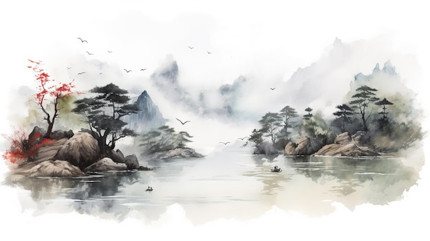 Landscape Watercolor splash ink smudge style Chinese for background