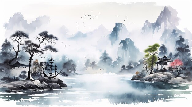 Photo landscape watercolor splash ink smudge style chinese for background