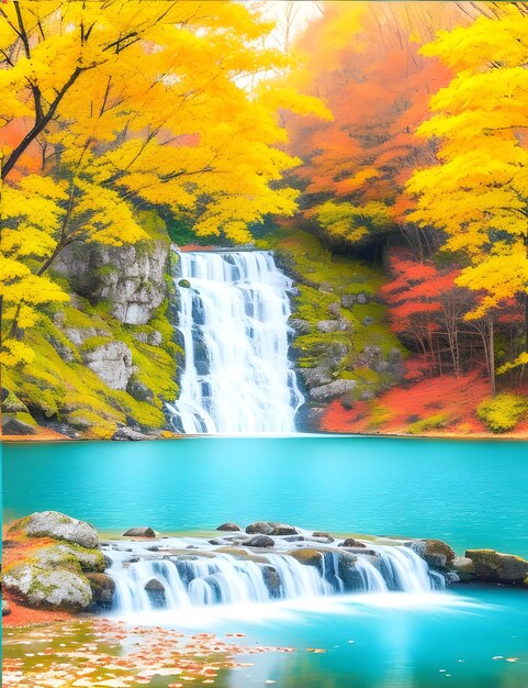 Photo landscape of a waterfall in autumn season generated by ai